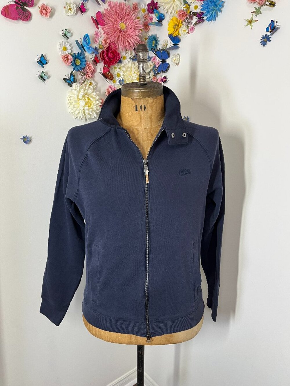 Lacoste Jacket Mens M Navy Blue Cotton Sweater Full Zip Pockets Logo Casual